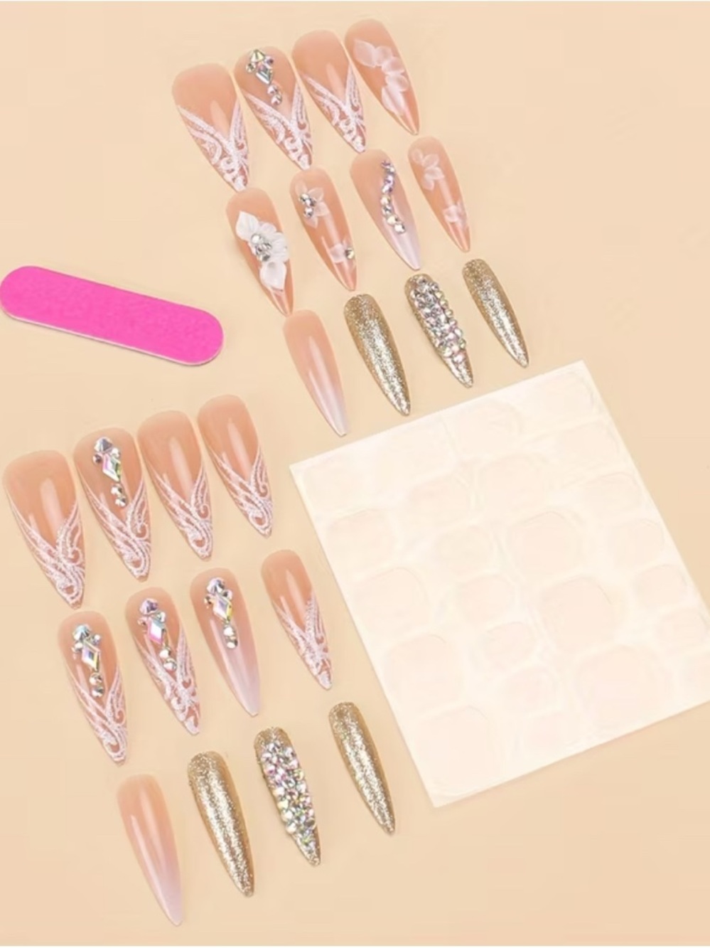 MYSEVENDAY Nude Pink Rhinestone & Floral Press-On Nails - 24 PCS - Picture 4 of 6
